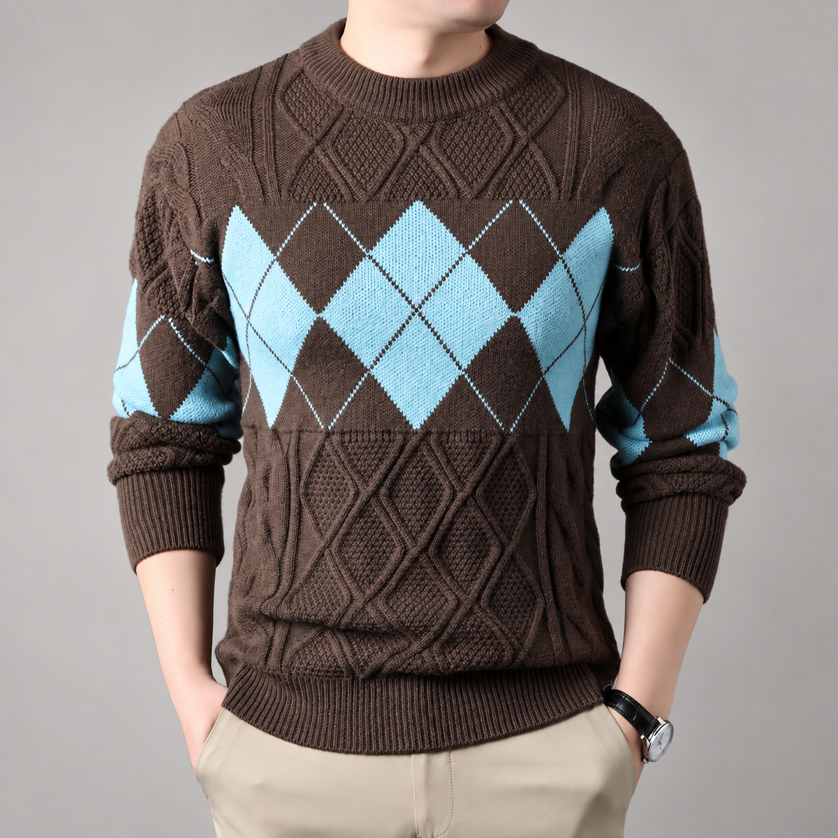 Edmund Men’s Argyle Cable-Knit Crewneck Sweater