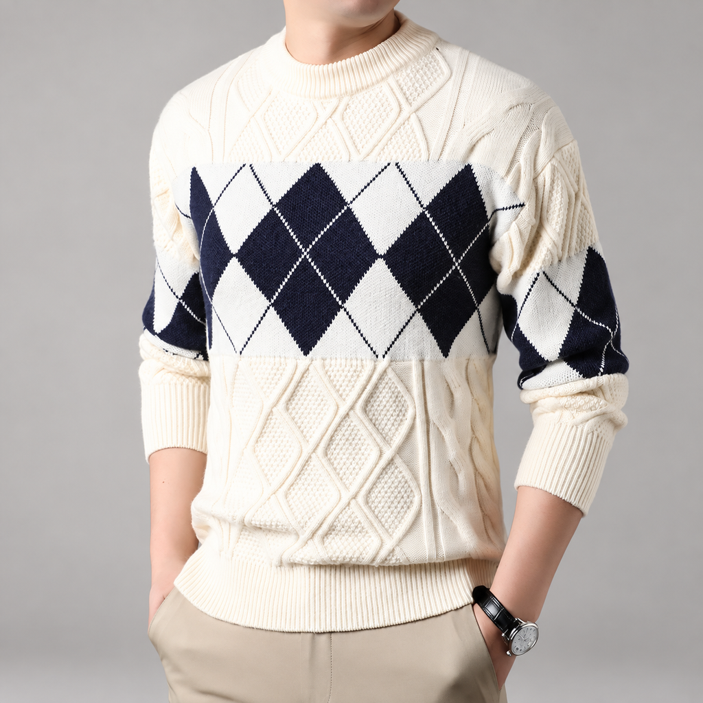 Edmund Men’s Argyle Cable-Knit Crewneck Sweater
