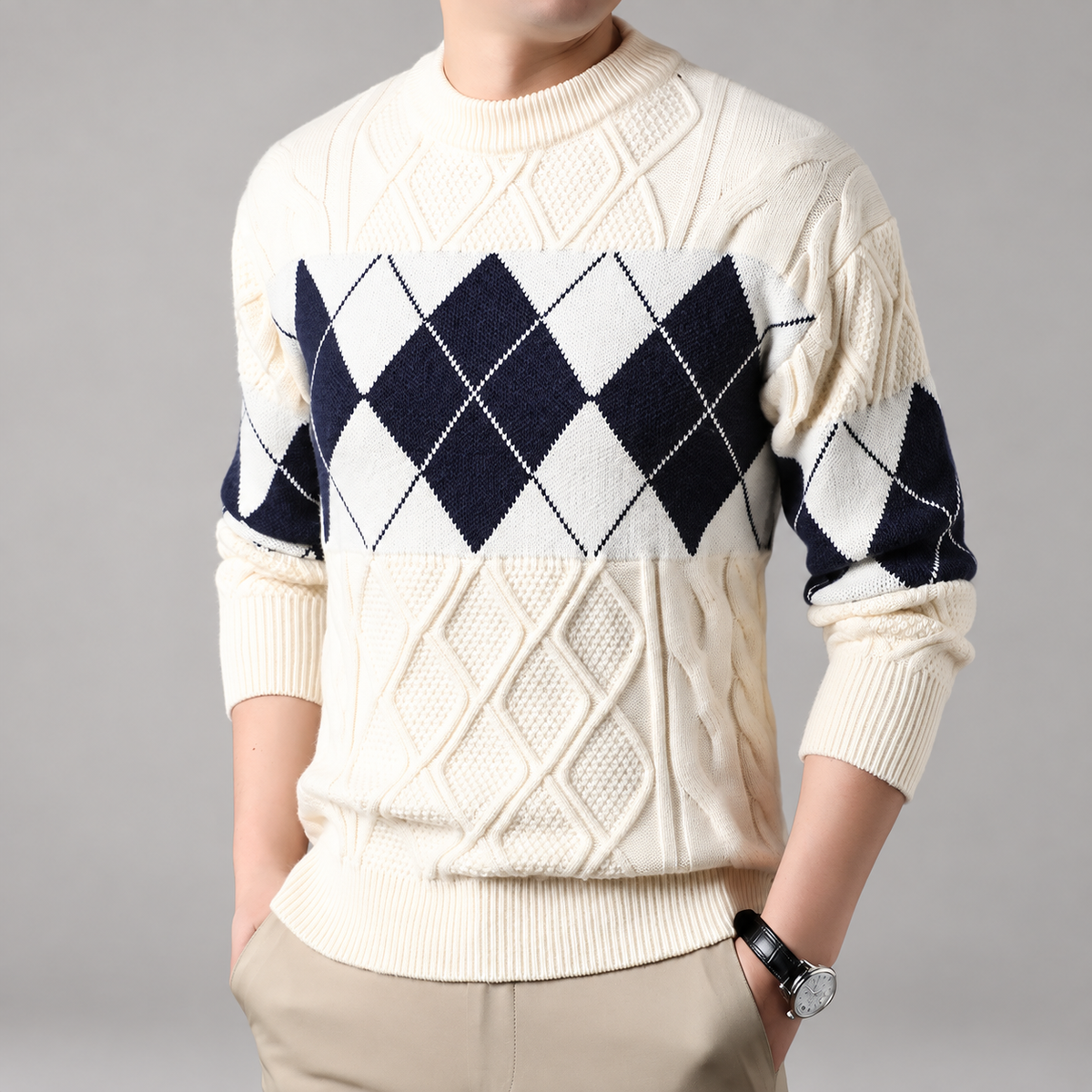 Edmund Men’s Argyle Cable-Knit Crewneck Sweater
