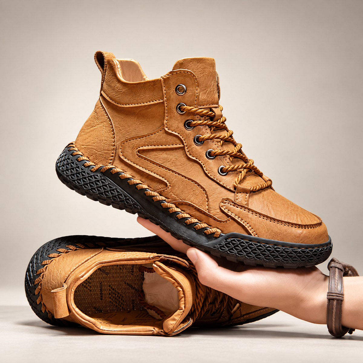 Edwin Men’s Leather-Look High-Top Lace-Up Boots with Textured Sole