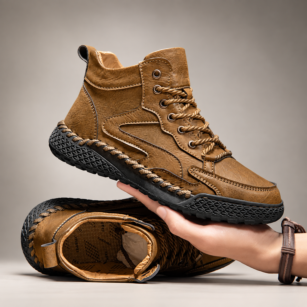 Edwin Men’s Leather-Look High-Top Lace-Up Boots with Textured Sole