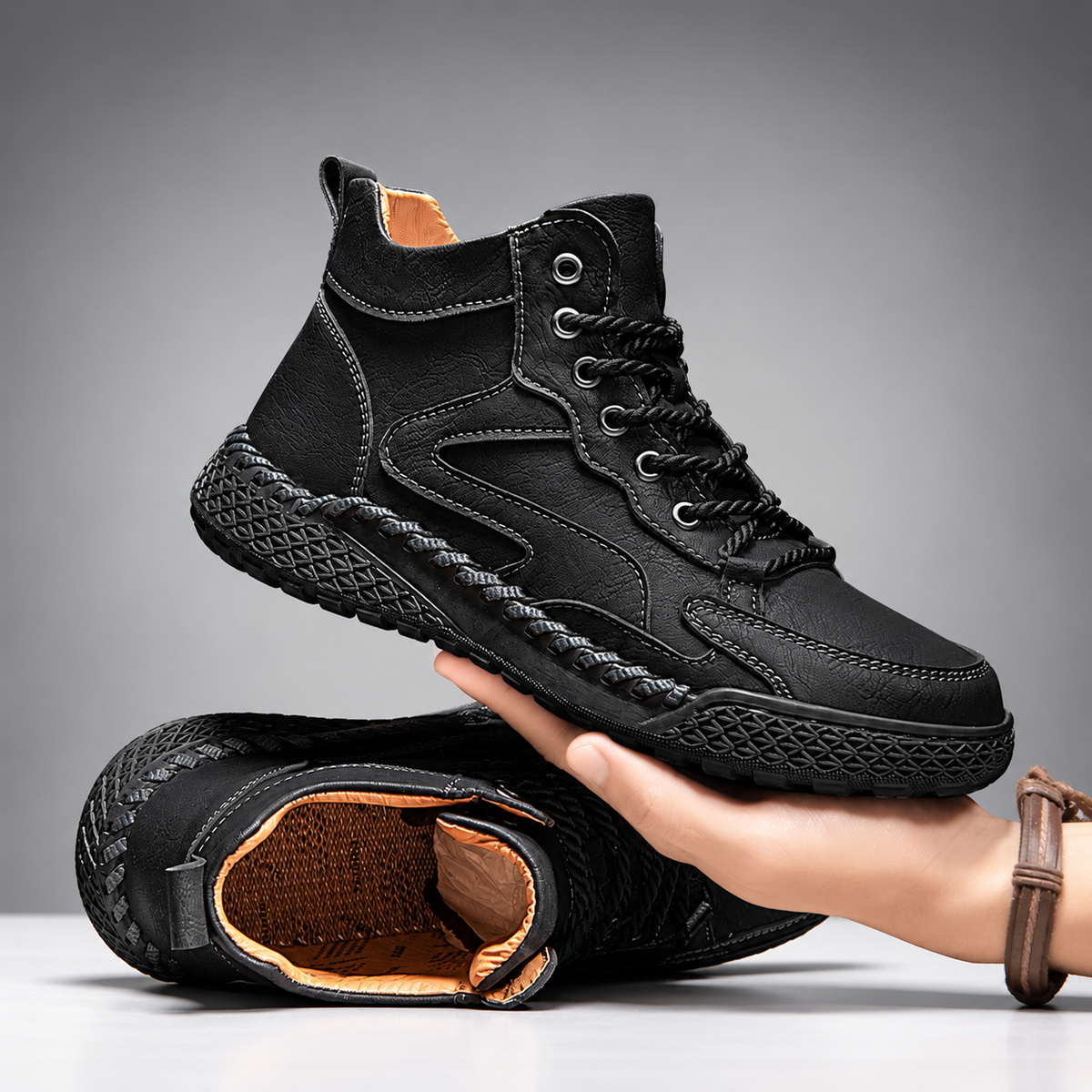 Edwin Men’s Leather-Look High-Top Lace-Up Boots with Textured Sole