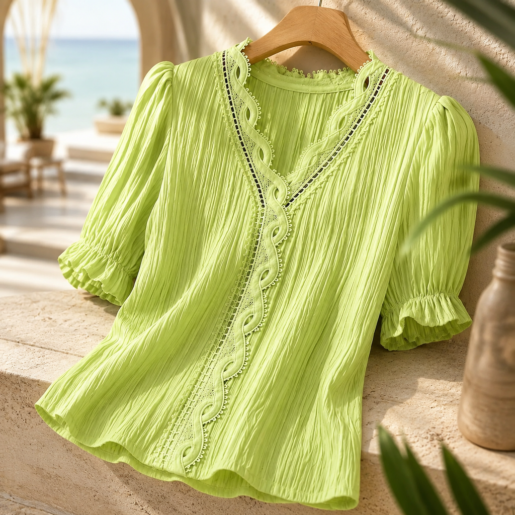 Elise Stripe Blouse with Lace-Trim V-Neck