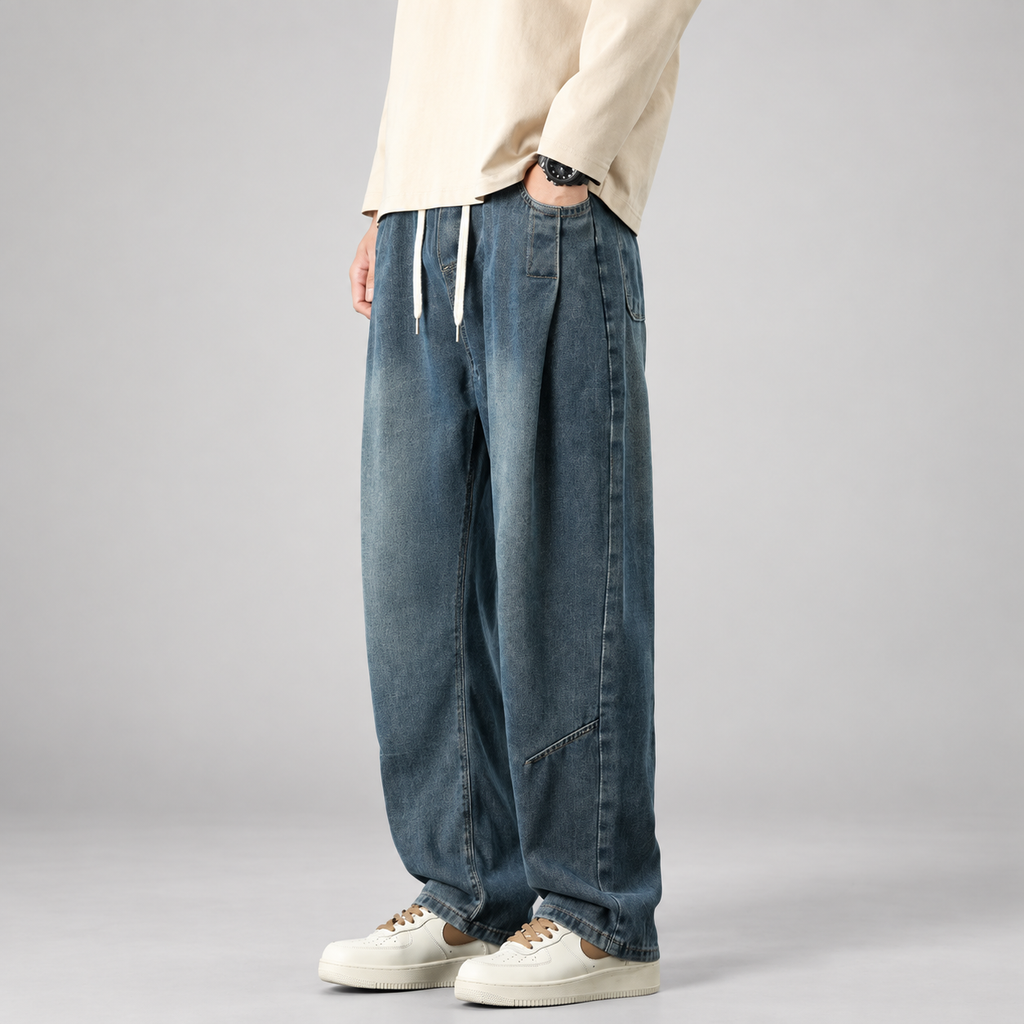 Elliott Men’s Wide-Leg Drawstring Jeans with Panel Seams