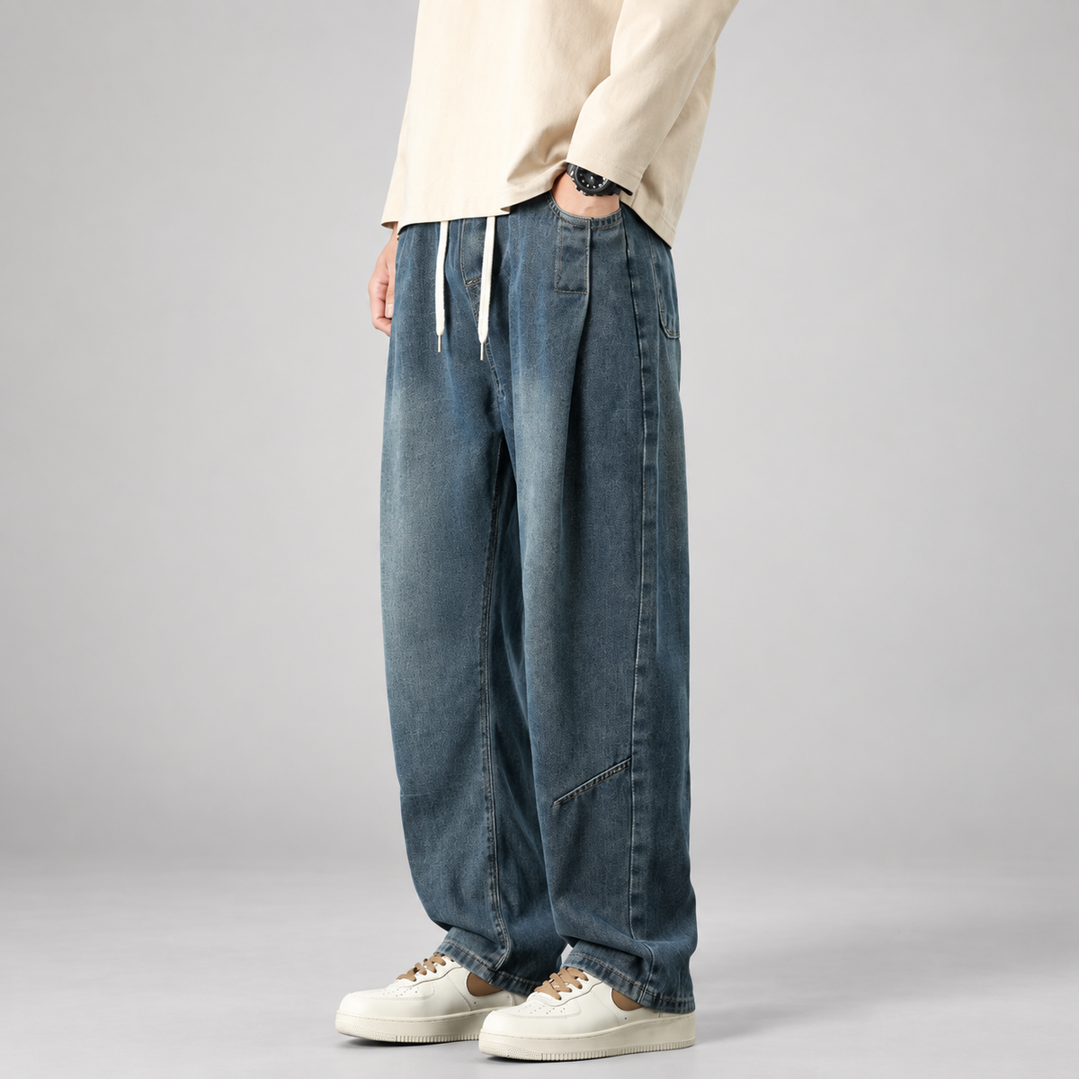 Elliott Men’s Wide-Leg Drawstring Jeans with Panel Seams