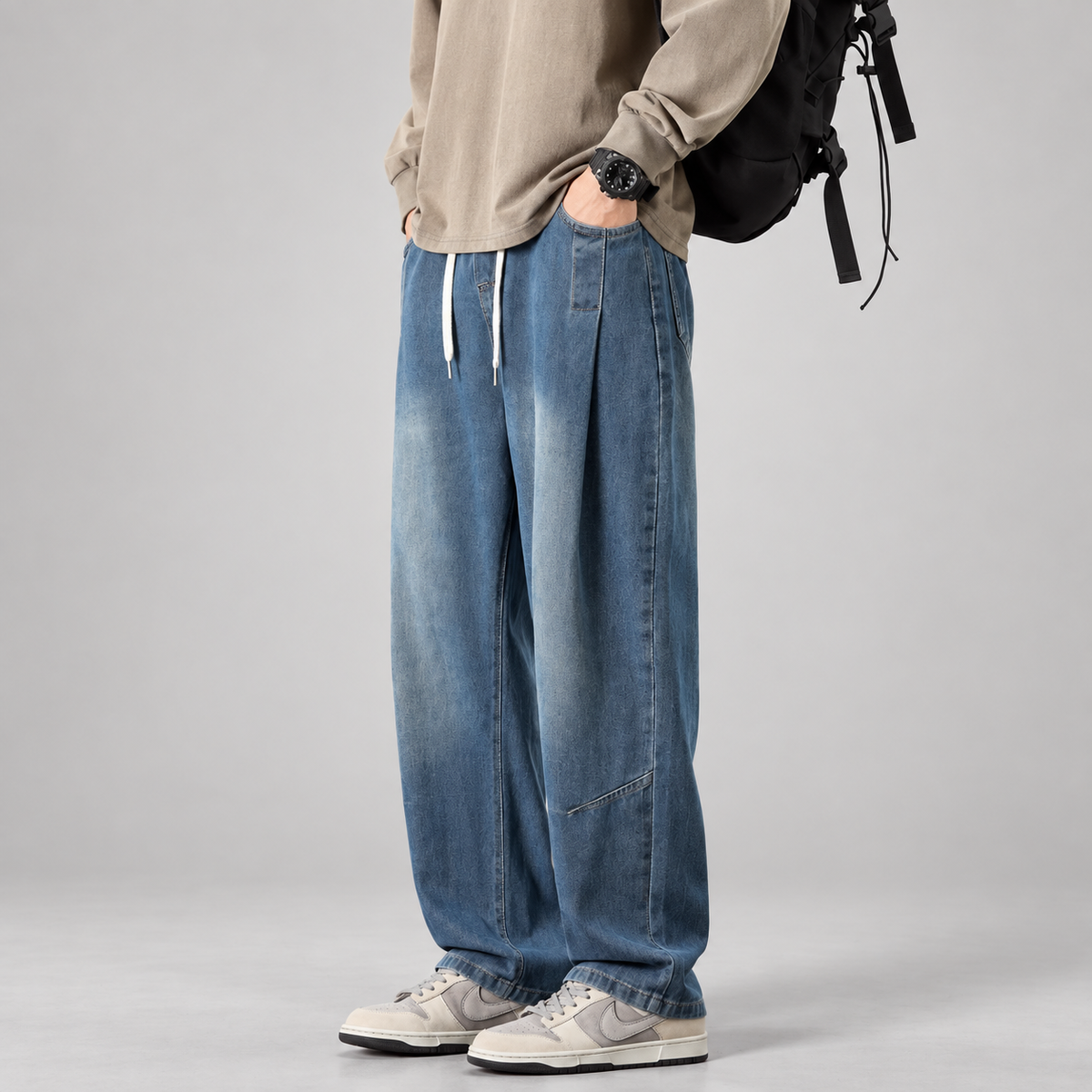 Elliott Men’s Wide-Leg Drawstring Jeans with Panel Seams