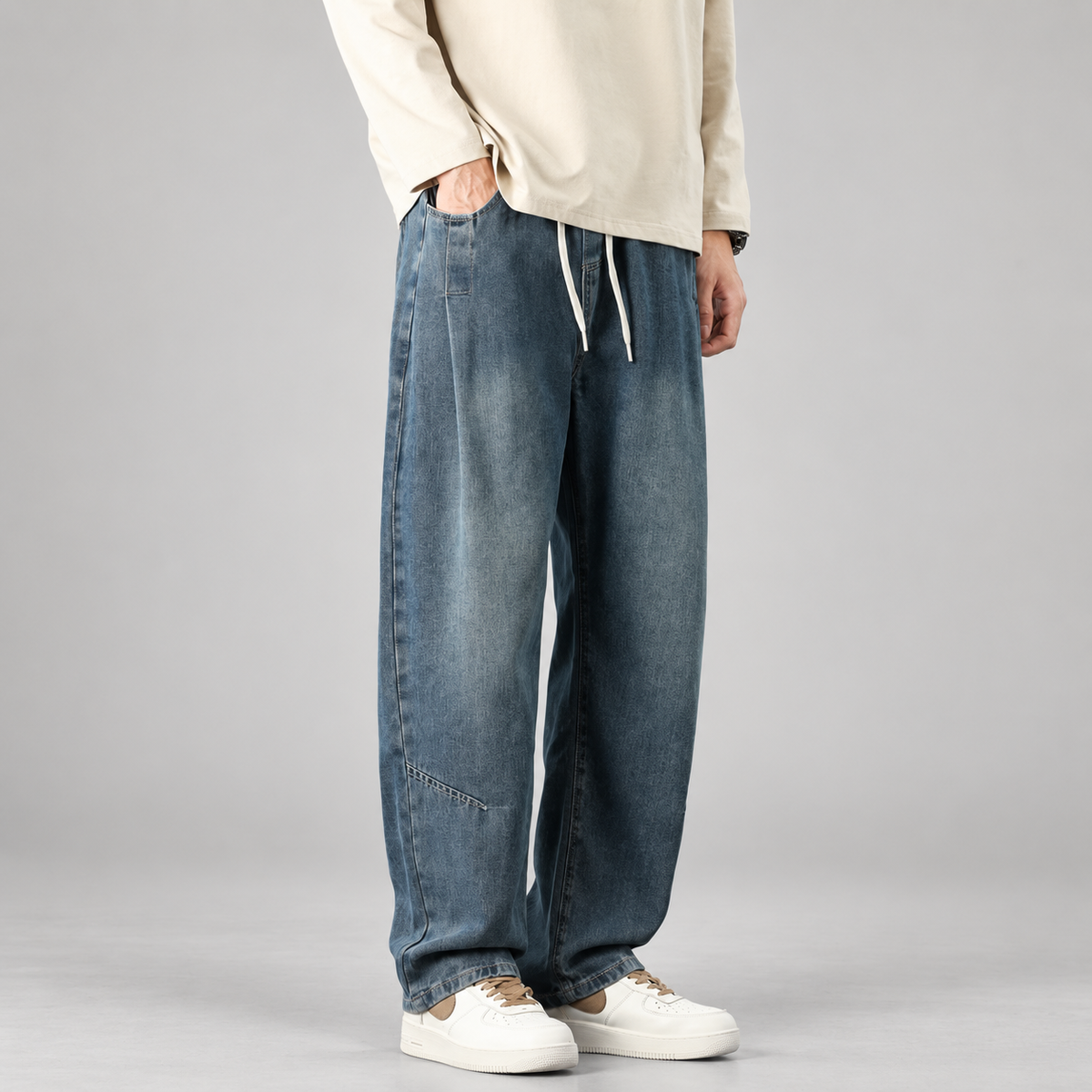 Elliott Men’s Wide-Leg Drawstring Jeans with Panel Seams