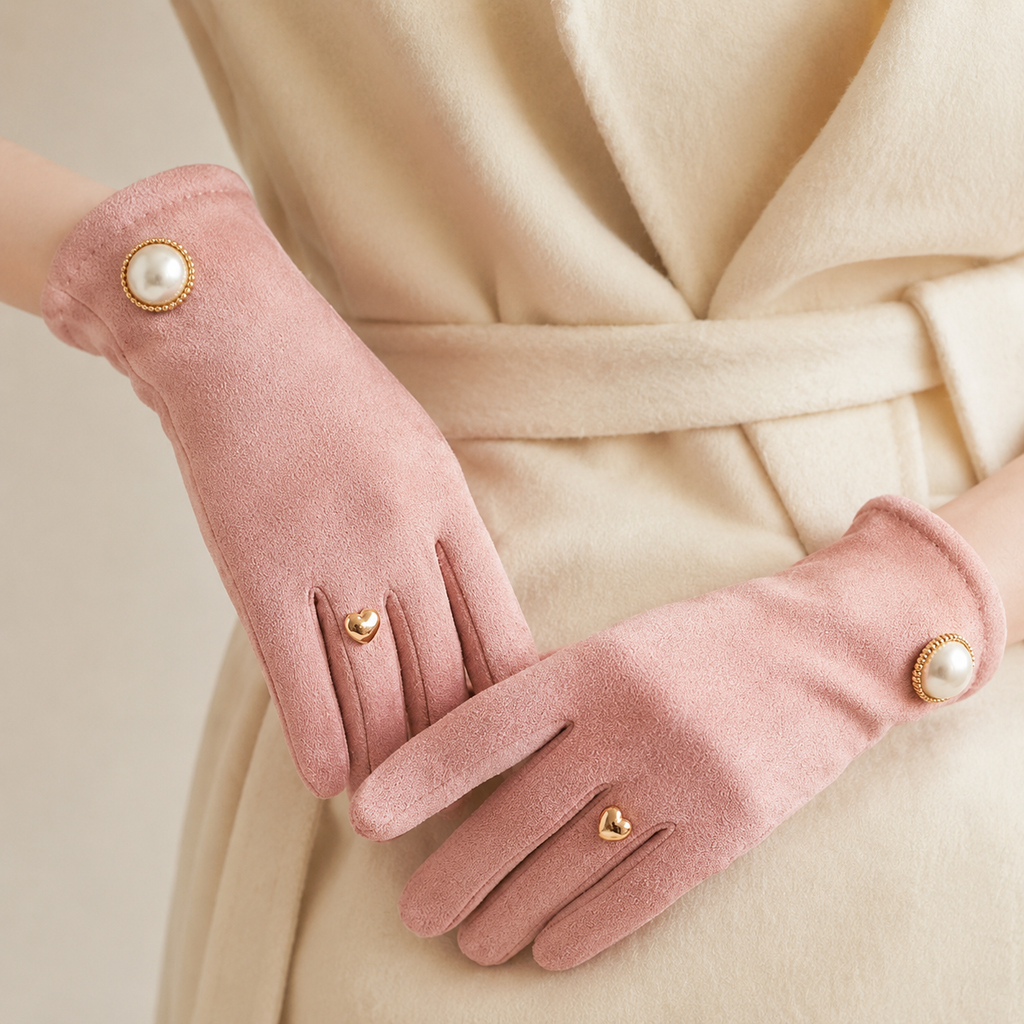 Elodie Touchscreen Fleece Gloves With Pearl Button