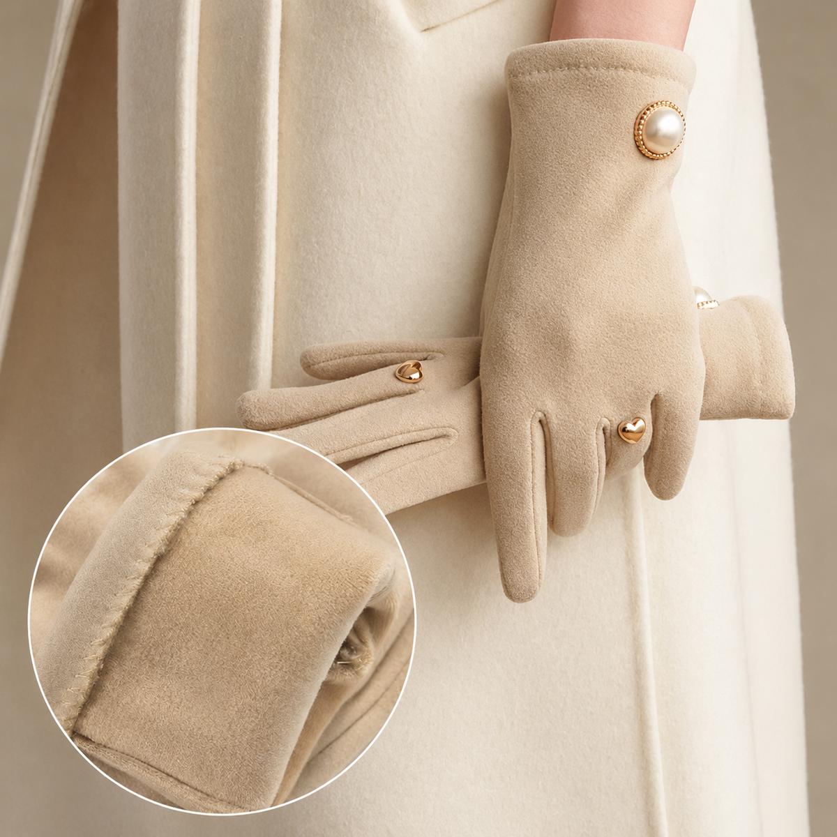 Elodie Touchscreen Fleece Gloves With Pearl Button