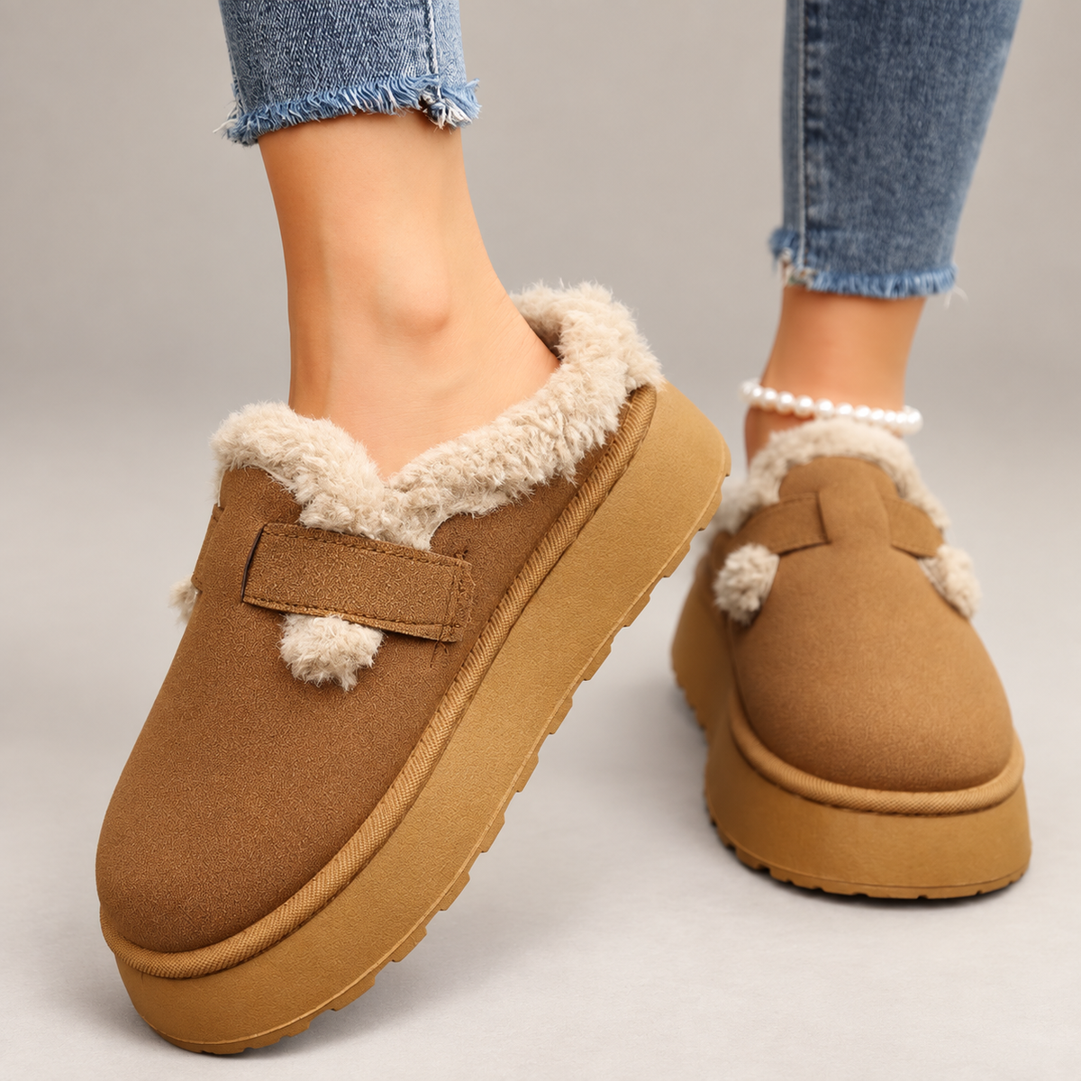Elodie Women’s Plush-Lined Platform Clogs with Buckle Strap