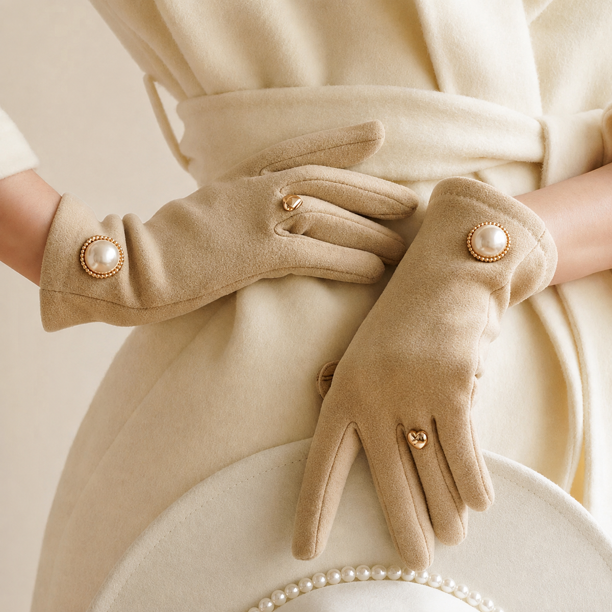 Elodie Touchscreen Fleece Gloves With Pearl Button