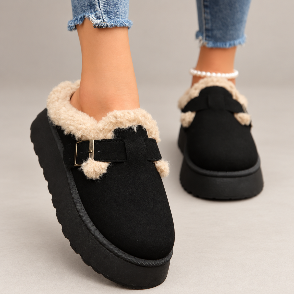 Elodie Women’s Plush-Lined Platform Clogs with Buckle Strap
