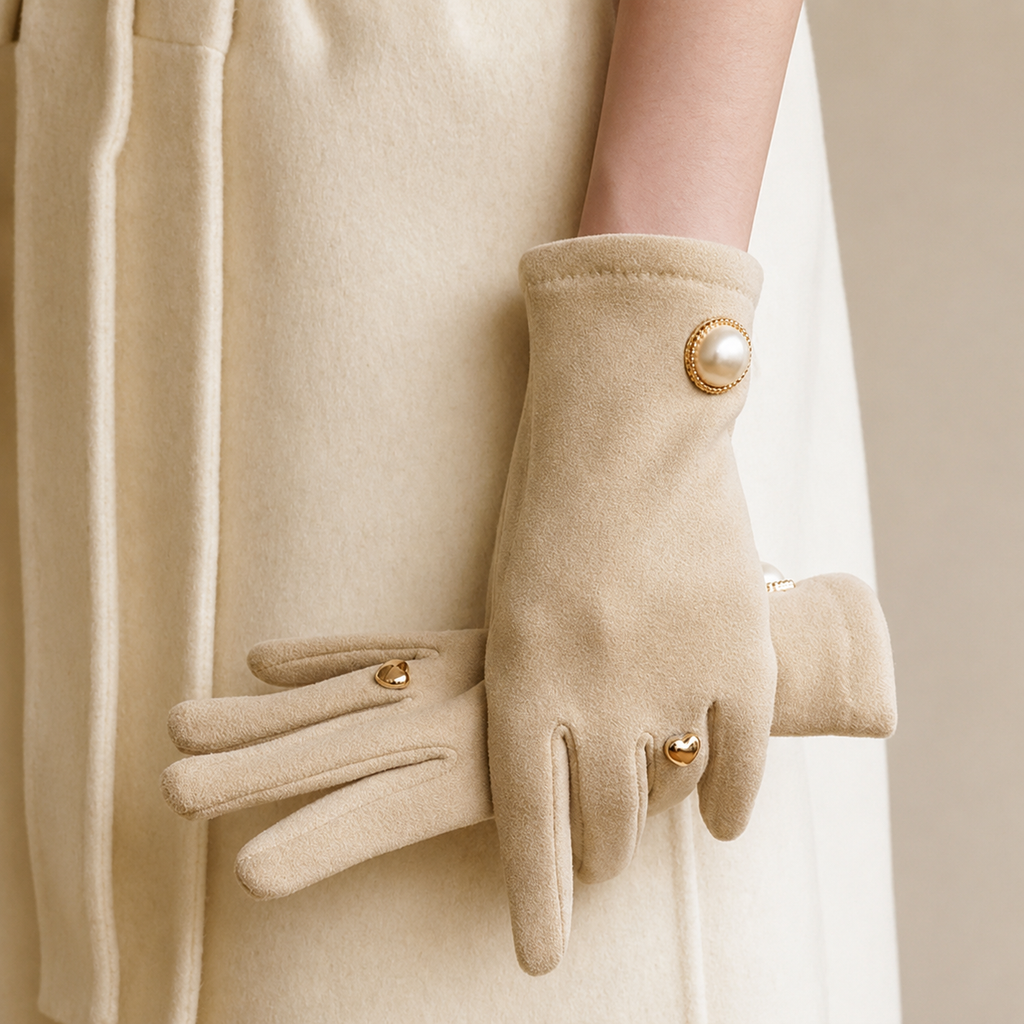 Elodie Touchscreen Fleece Gloves With Pearl Button