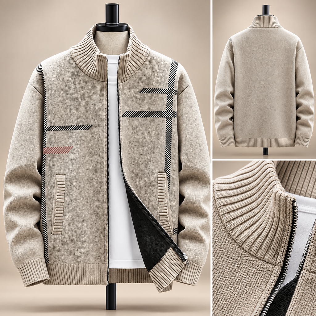 Emilien Men’s Patterned Zip Cardigan with Stand Collar