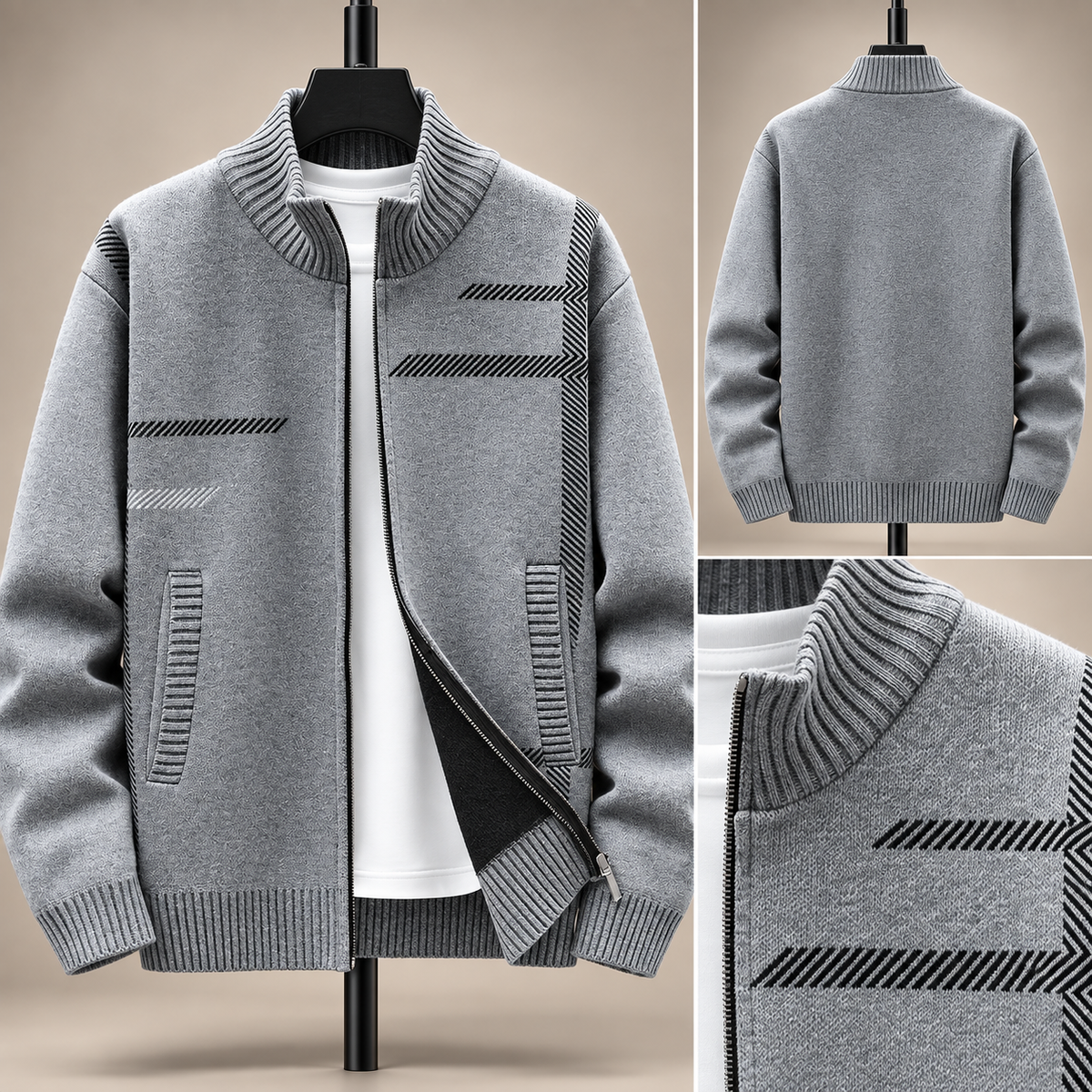 Emilien Men’s Patterned Zip Cardigan with Stand Collar