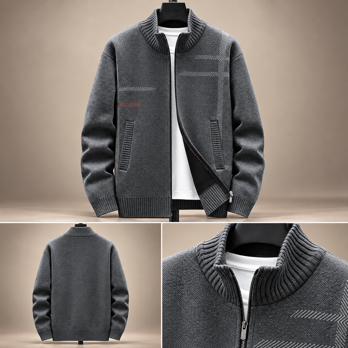 Emilien Men’s Patterned Zip Cardigan with Stand Collar