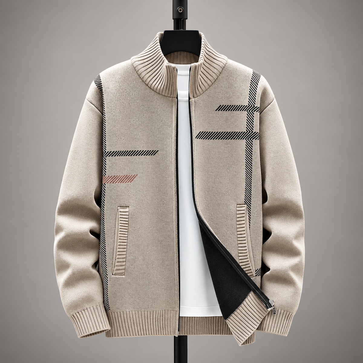 Emilien Men’s Patterned Zip Cardigan with Stand Collar