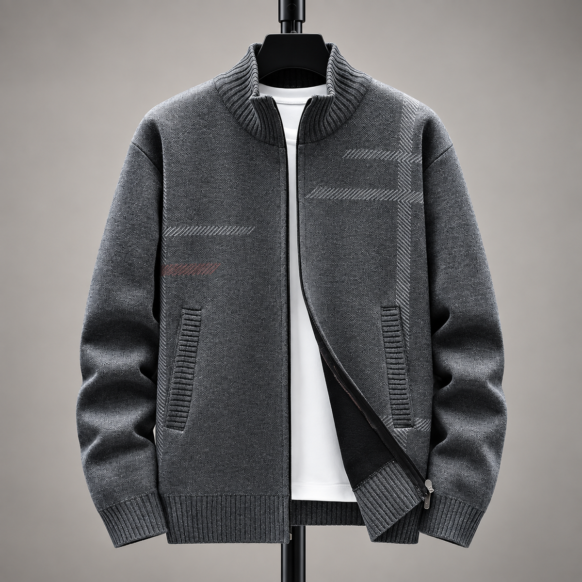 Emilien Men’s Patterned Zip Cardigan with Stand Collar