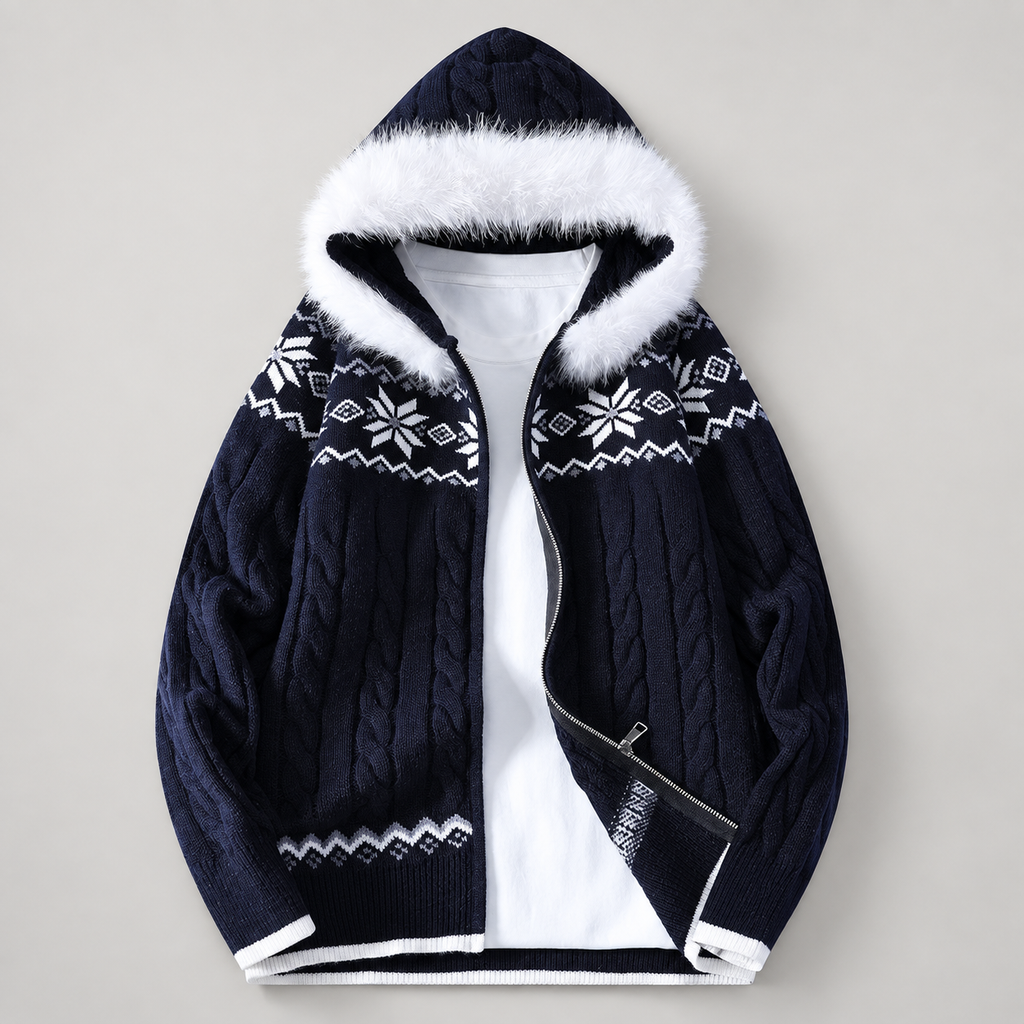 Emmett Men’s Cable-Knit Nordic Hooded Zip Cardigan