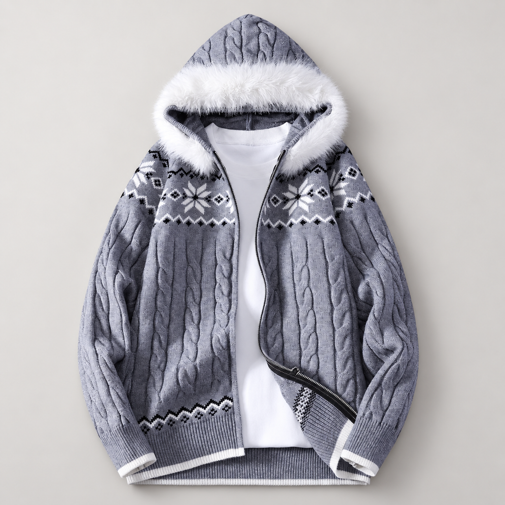 Emmett Men’s Cable-Knit Nordic Hooded Zip Cardigan