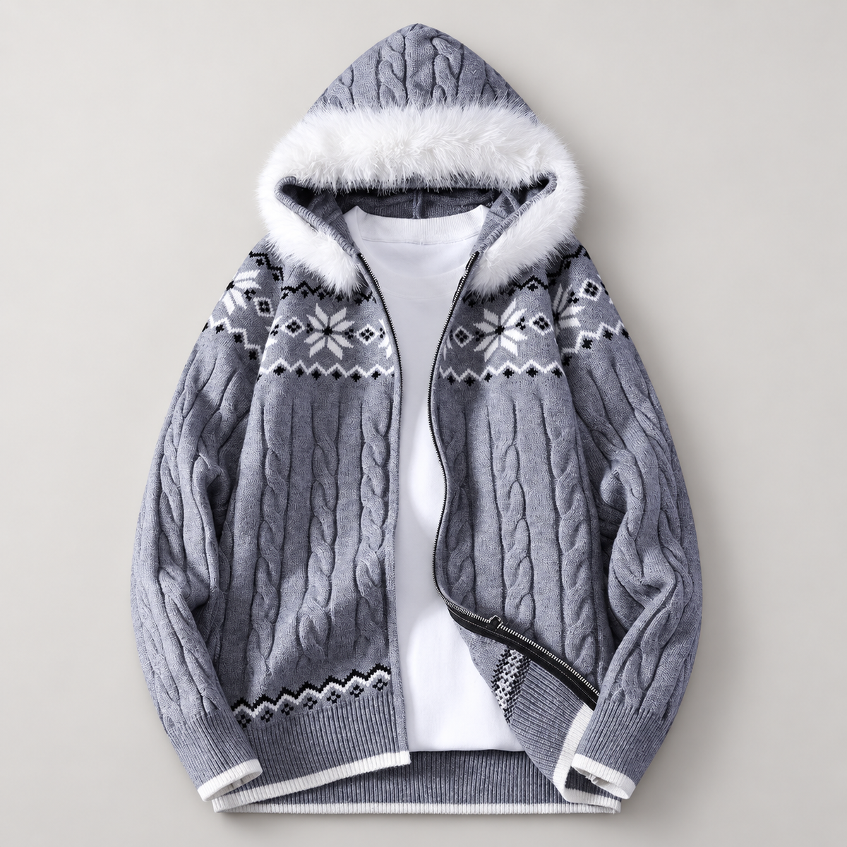 Emmett Men’s Cable-Knit Nordic Hooded Zip Cardigan