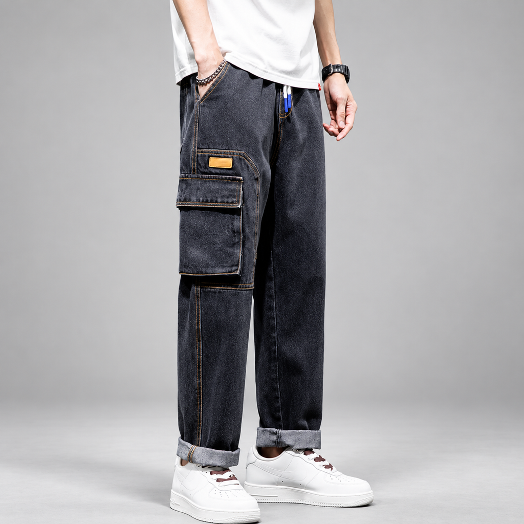 Enzo Men’s Relaxed-Fit Wide-Leg Denim Cargo Pants