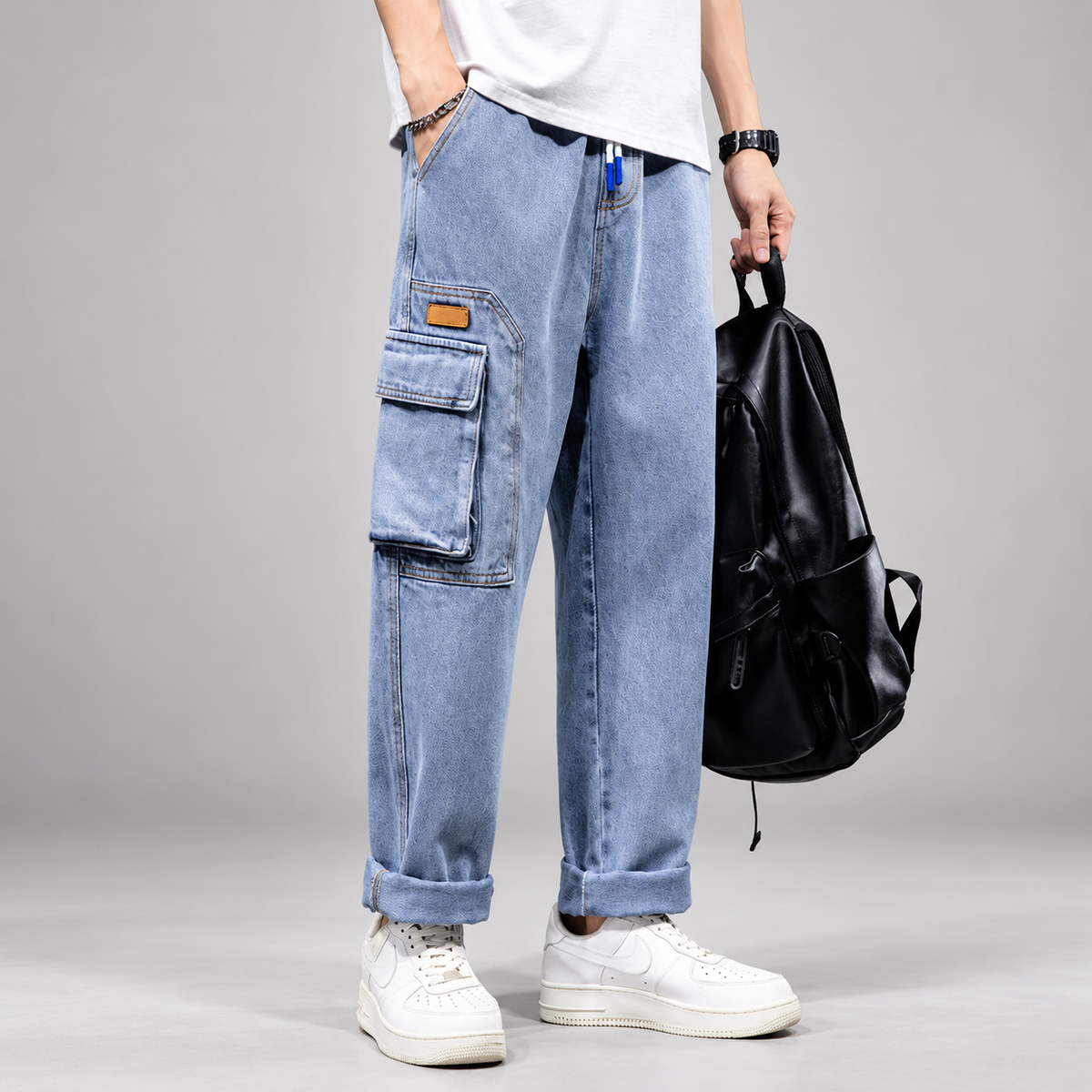 Enzo Men’s Relaxed-Fit Wide-Leg Denim Cargo Pants
