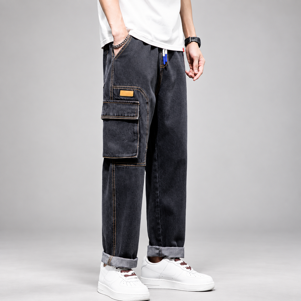 Enzo Men’s Relaxed-Fit Wide-Leg Denim Cargo Pants
