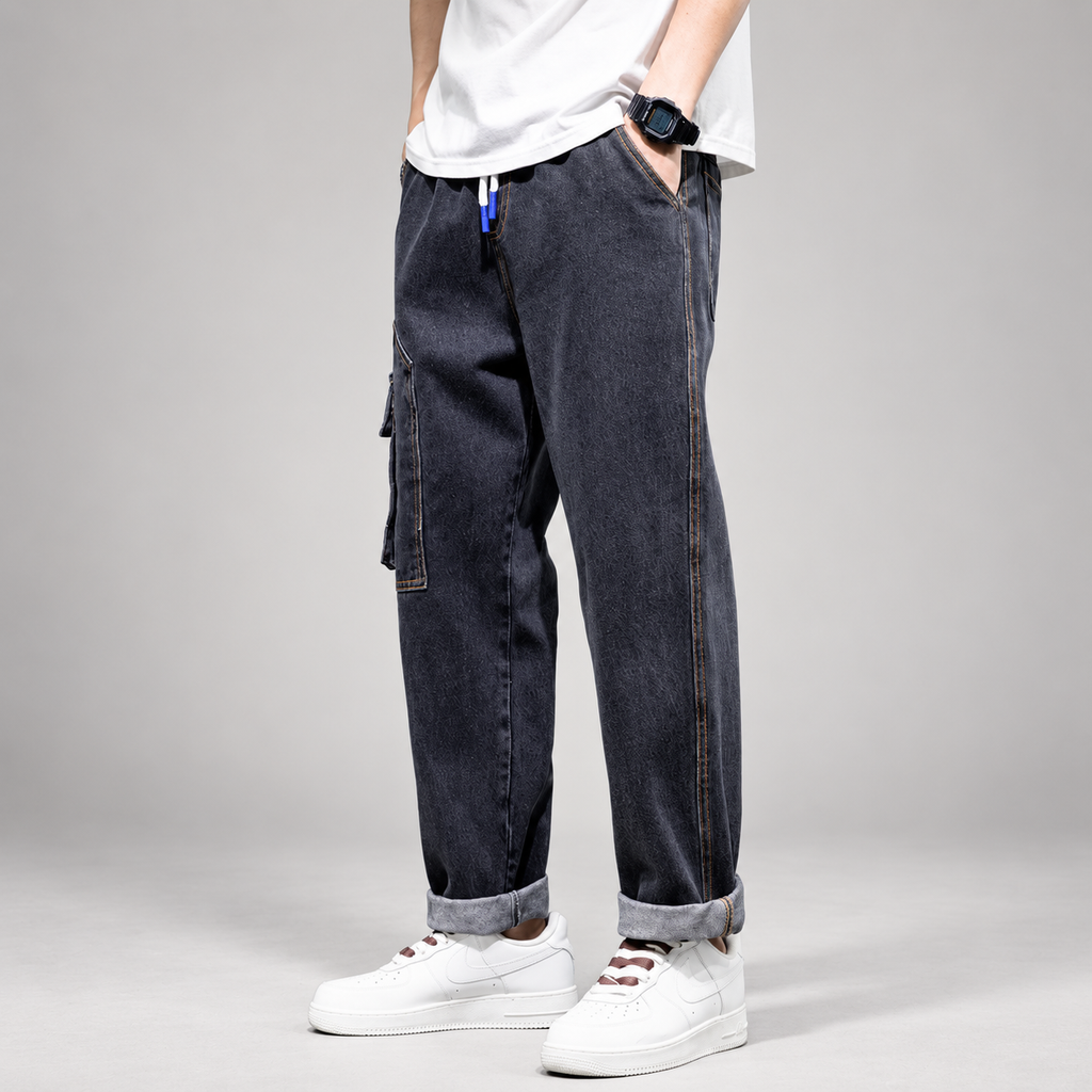 Enzo Men’s Relaxed-Fit Wide-Leg Denim Cargo Pants