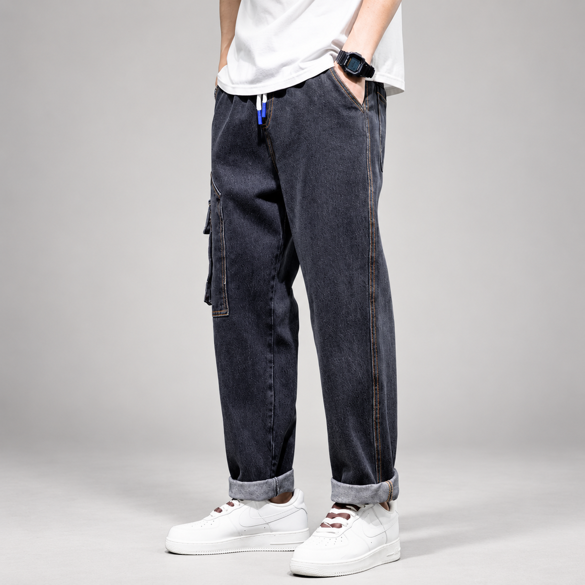 Enzo Men’s Relaxed-Fit Wide-Leg Denim Cargo Pants