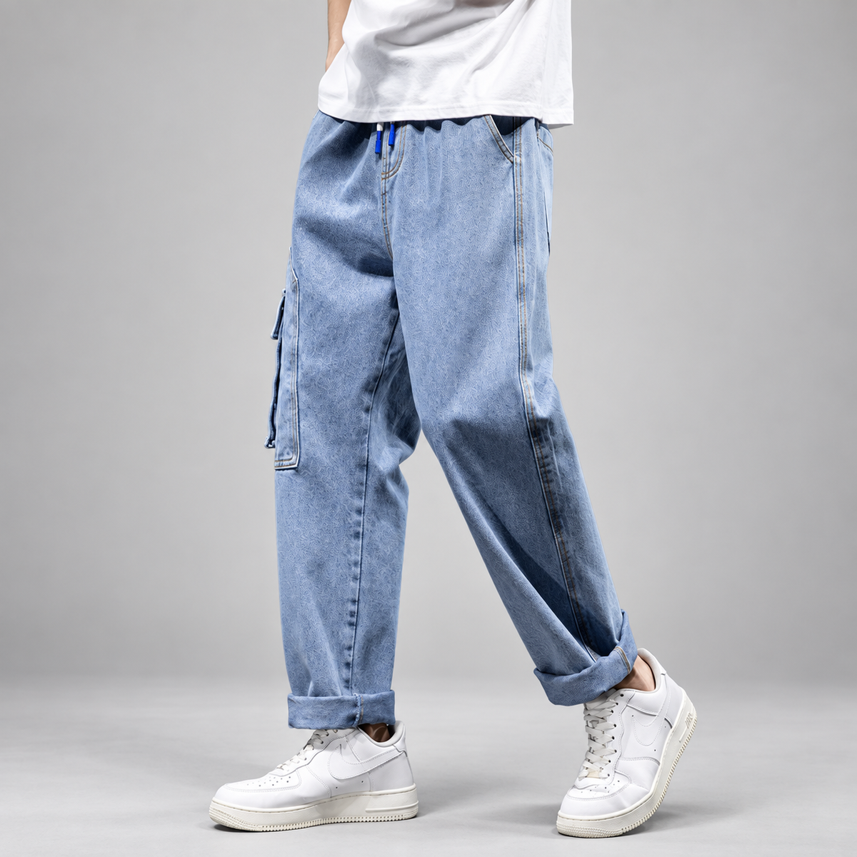 Enzo Men’s Relaxed-Fit Wide-Leg Denim Cargo Pants