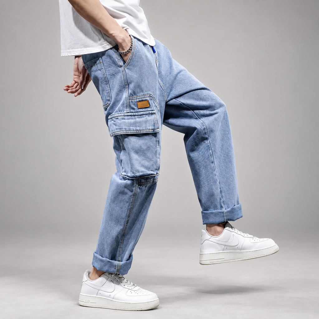 Enzo Men’s Relaxed-Fit Wide-Leg Denim Cargo Pants