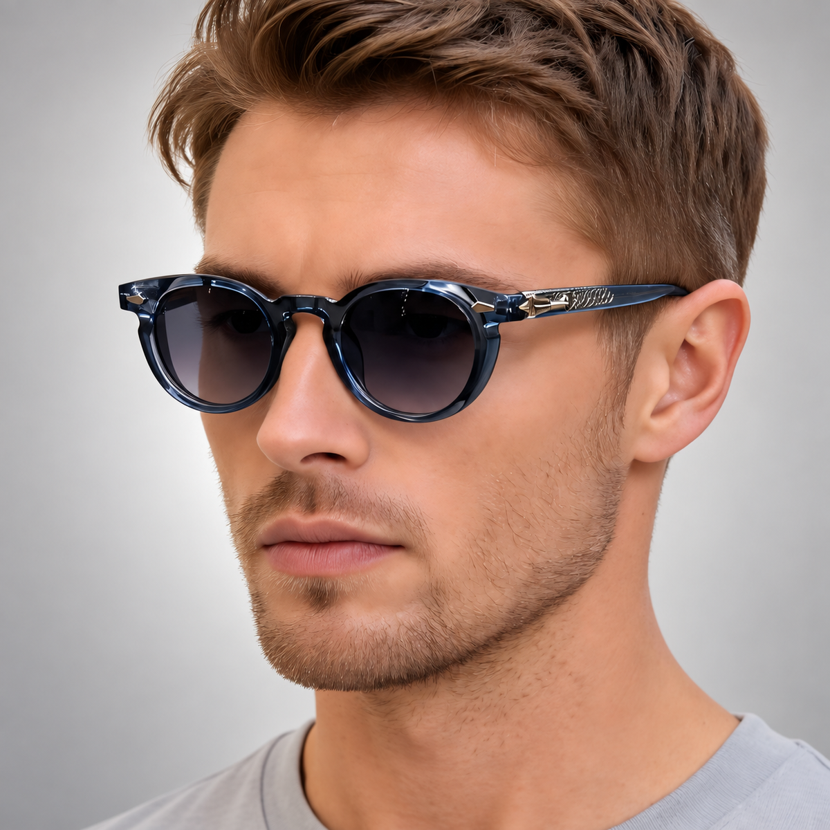Etienne Round Keyhole Bridge Sunglasses with Decorative Temples