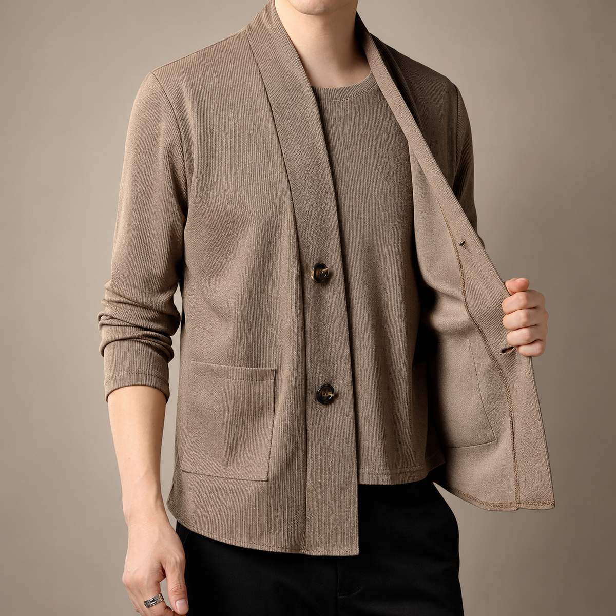 Etienne Ribbed Knit Cardigan with Open-Front Collar