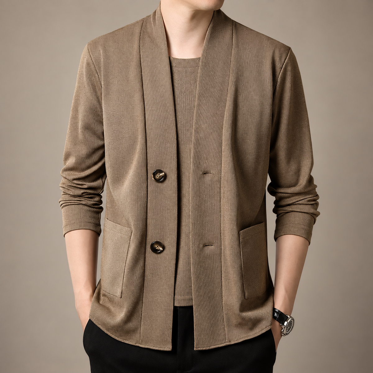 Etienne Ribbed Knit Cardigan with Open-Front Collar