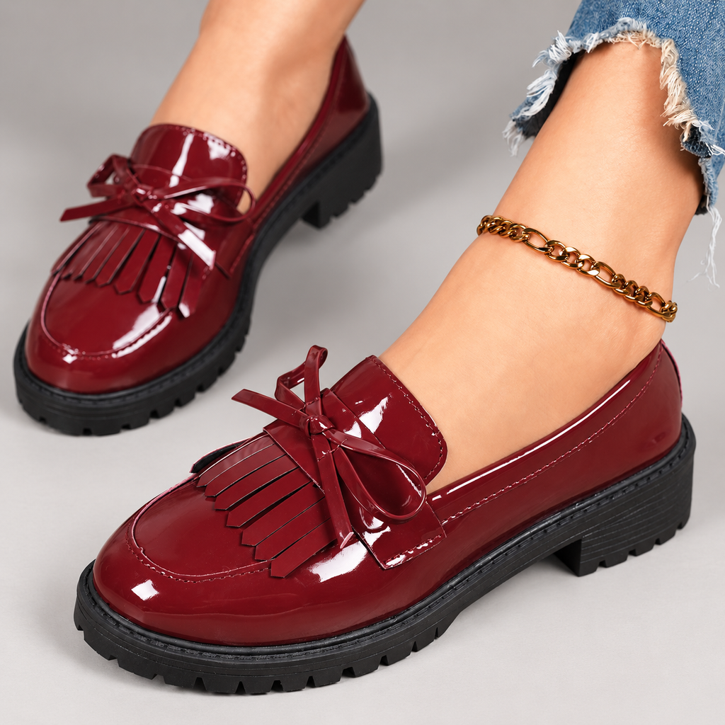 Florence Women’s Patent-Look Bow Loafers with Fringe and Chunky Lug Sole