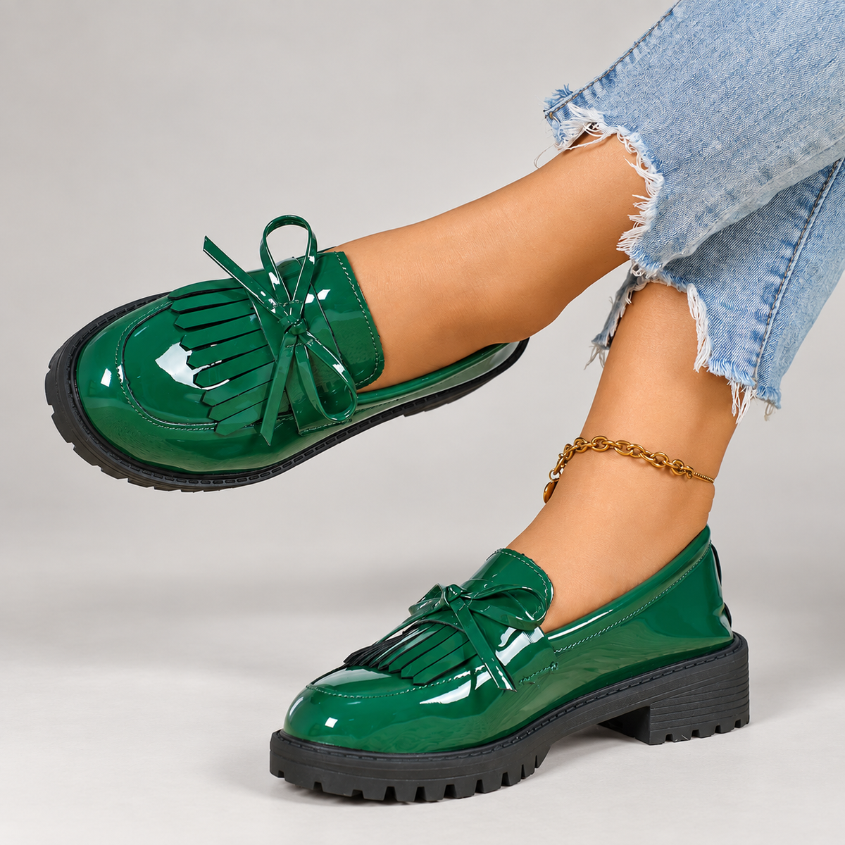 Florence Women’s Patent-Look Bow Loafers with Fringe and Chunky Lug Sole