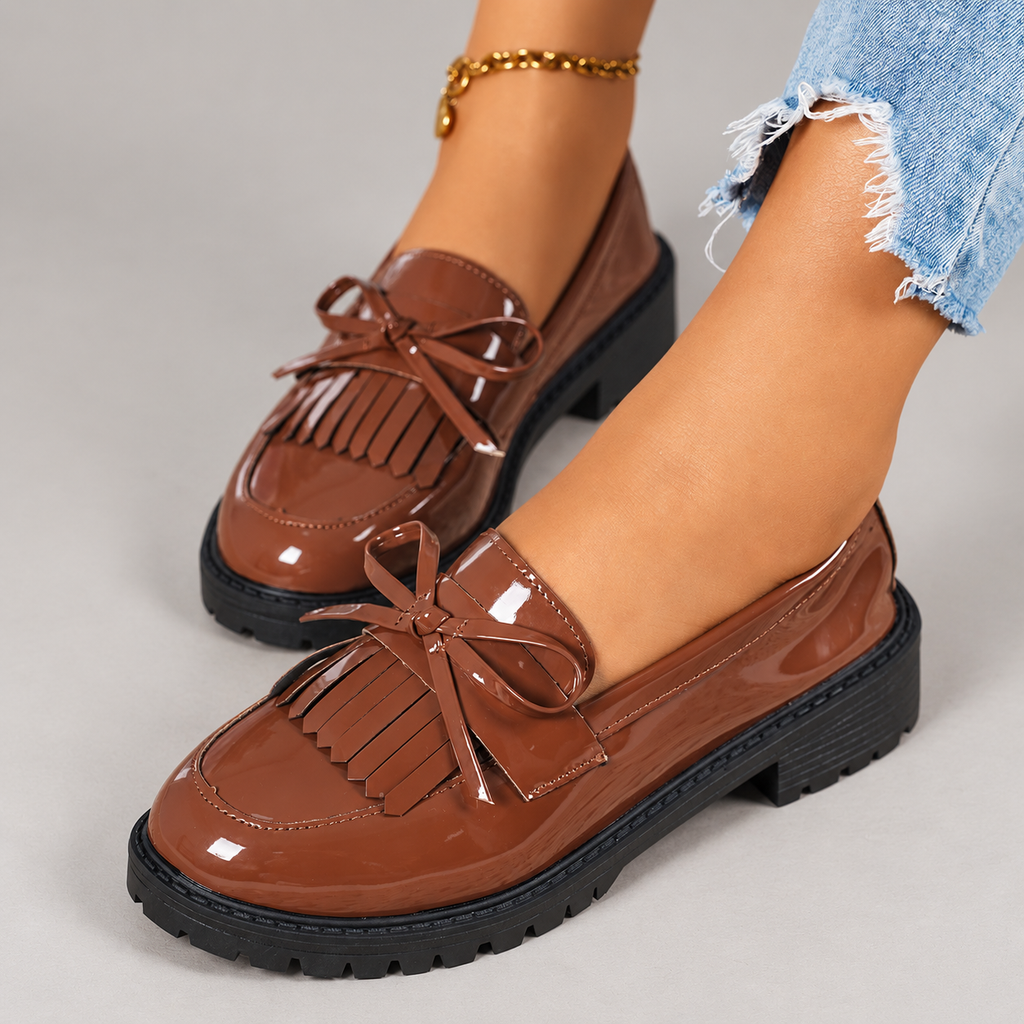 Florence Women’s Patent-Look Bow Loafers with Fringe and Chunky Lug Sole