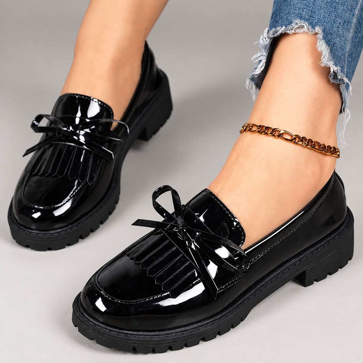 Florence Women’s Patent-Look Bow Loafers with Fringe and Chunky Lug Sole