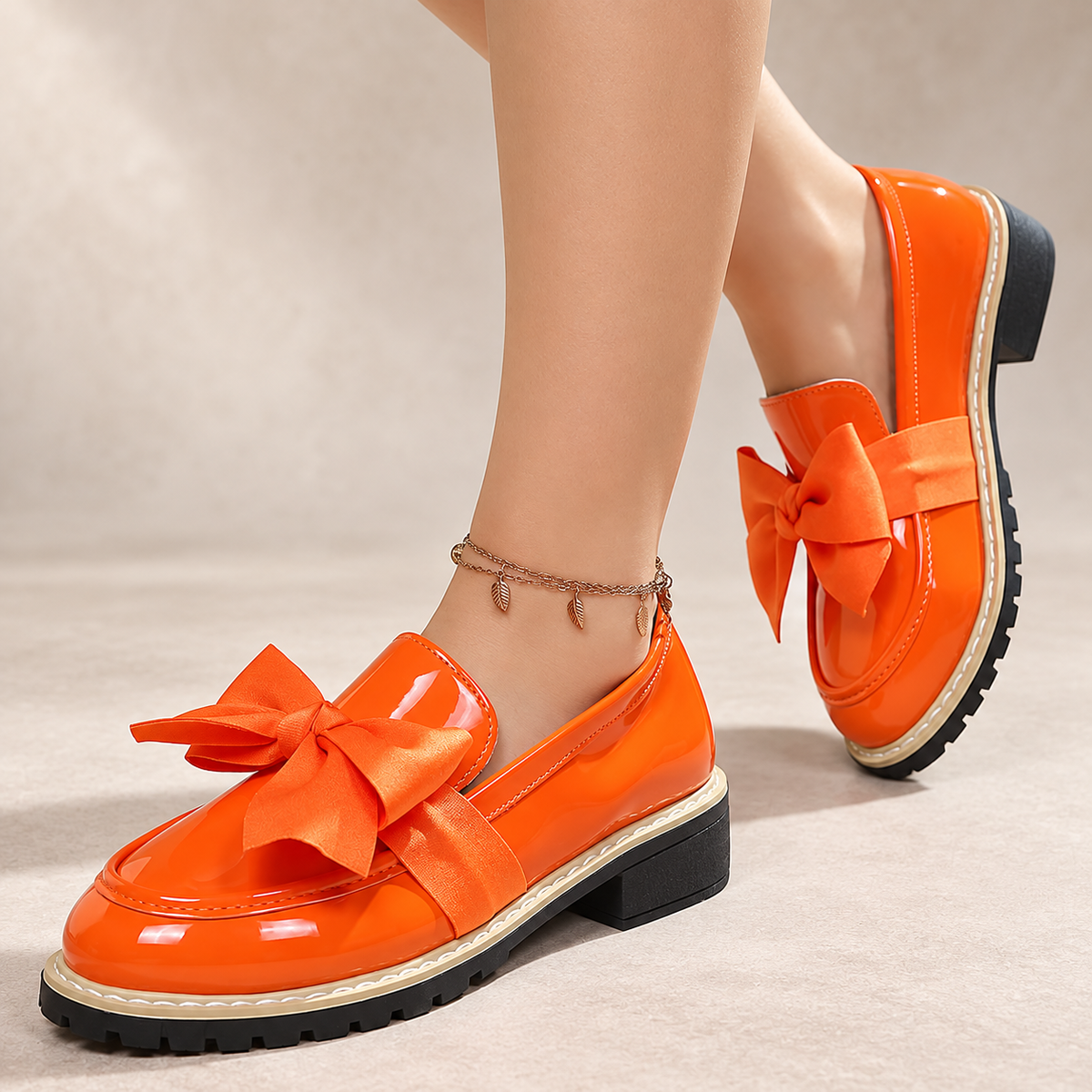 Gianna Women’s Patent-Look Bow Loafers with Chunky Lug Sole