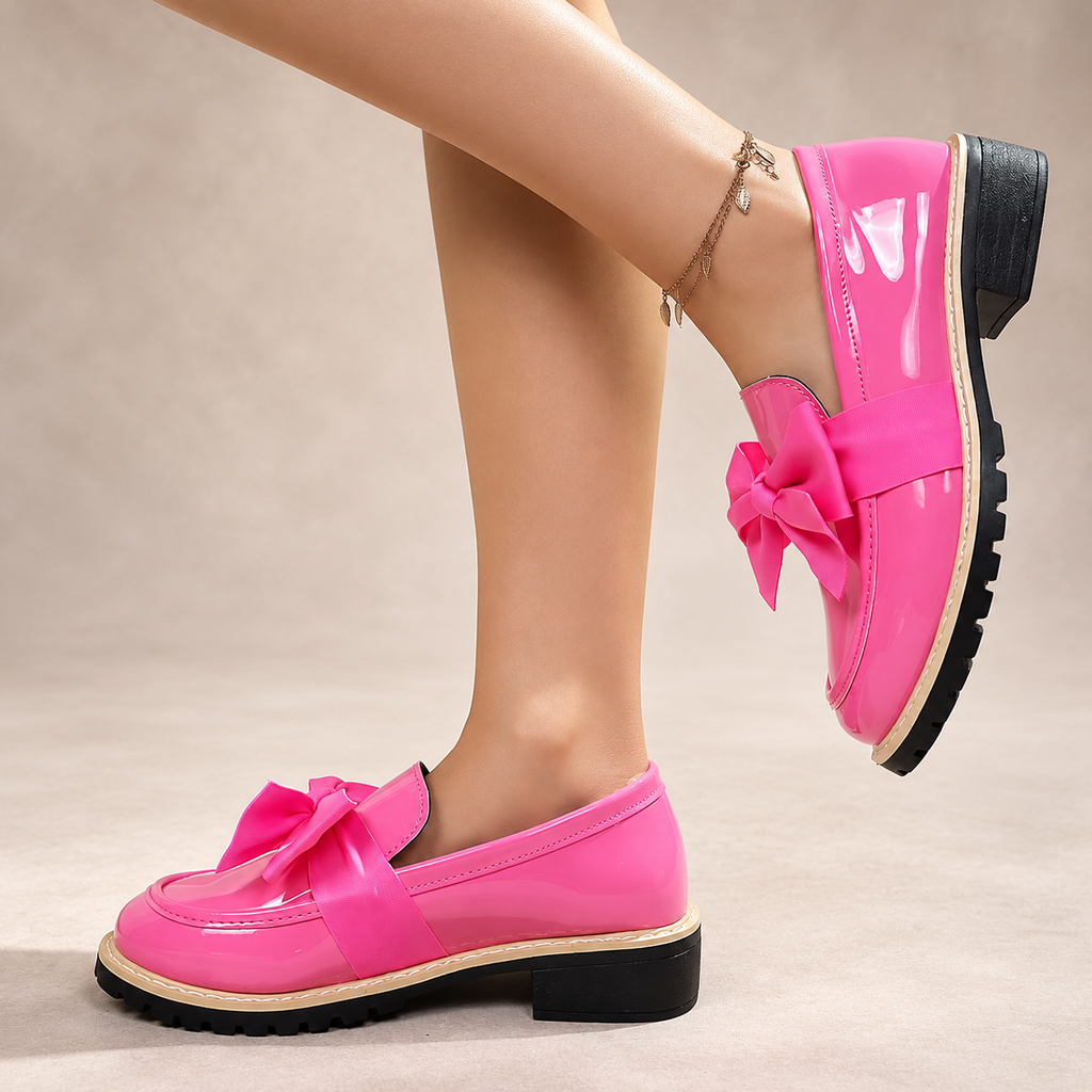 Gianna Women’s Patent-Look Bow Loafers with Chunky Lug Sole