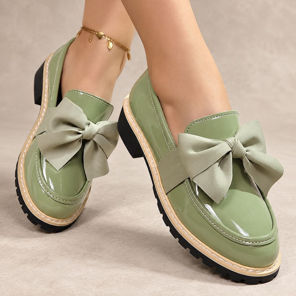 Gianna Women’s Patent-Look Bow Loafers with Chunky Lug Sole