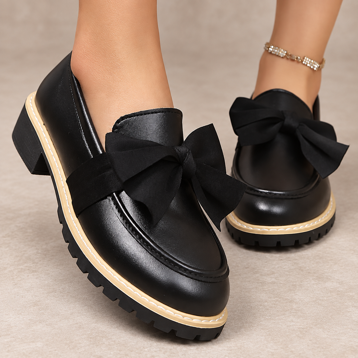 Gianna Women’s Patent-Look Bow Loafers with Chunky Lug Sole