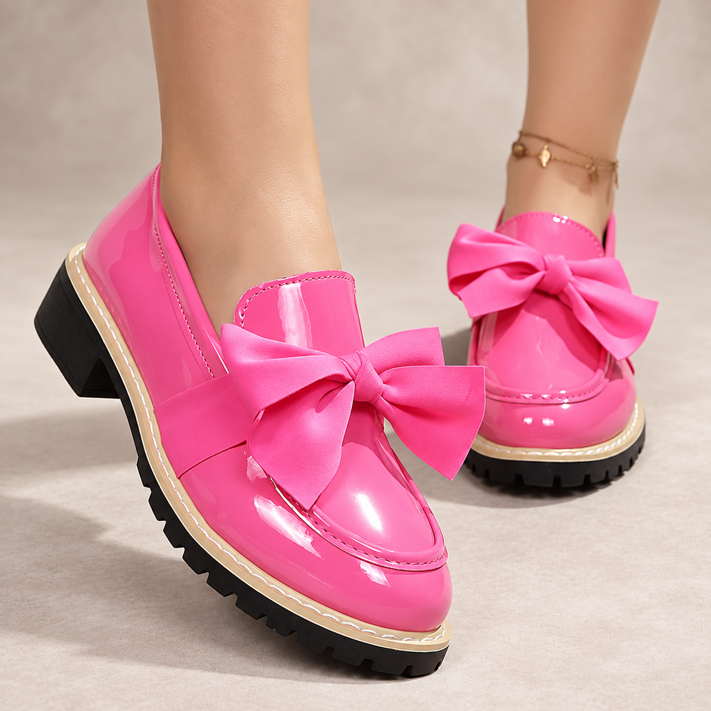 Gianna Women’s Patent-Look Bow Loafers with Chunky Lug Sole