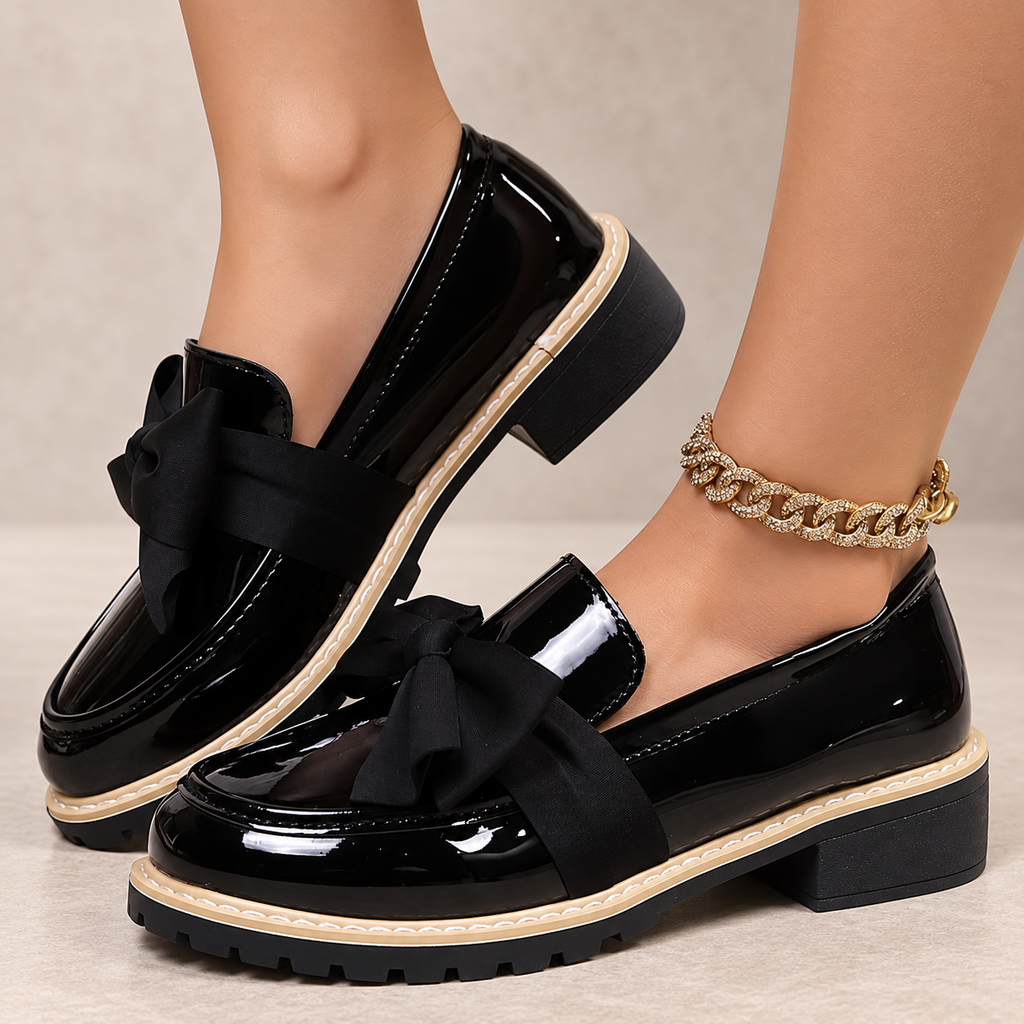 Gianna Women’s Patent-Look Bow Loafers with Chunky Lug Sole