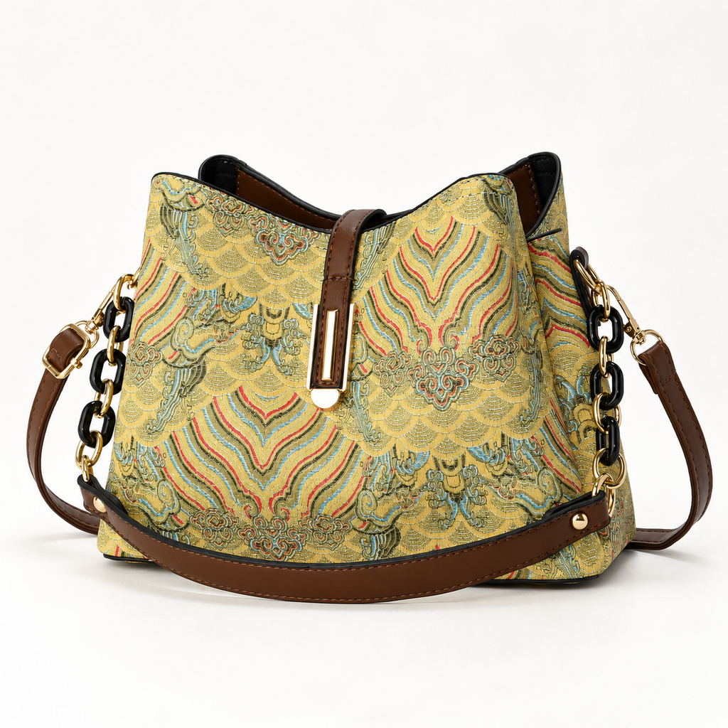 Fiorella Women’s Patterned Bucket Shoulder Bag with Chain Details