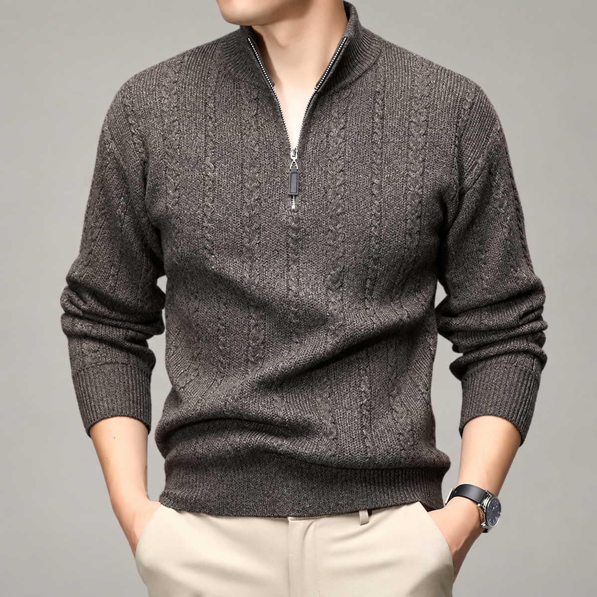 Graham Men’s Cable-Knit Quarter-Zip Mock Neck Sweater