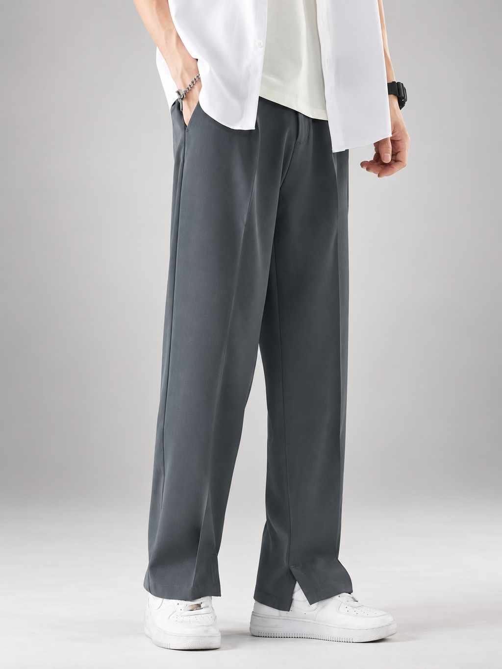 Graham Men’s Wide-Leg Pleated Pants with Split Hem