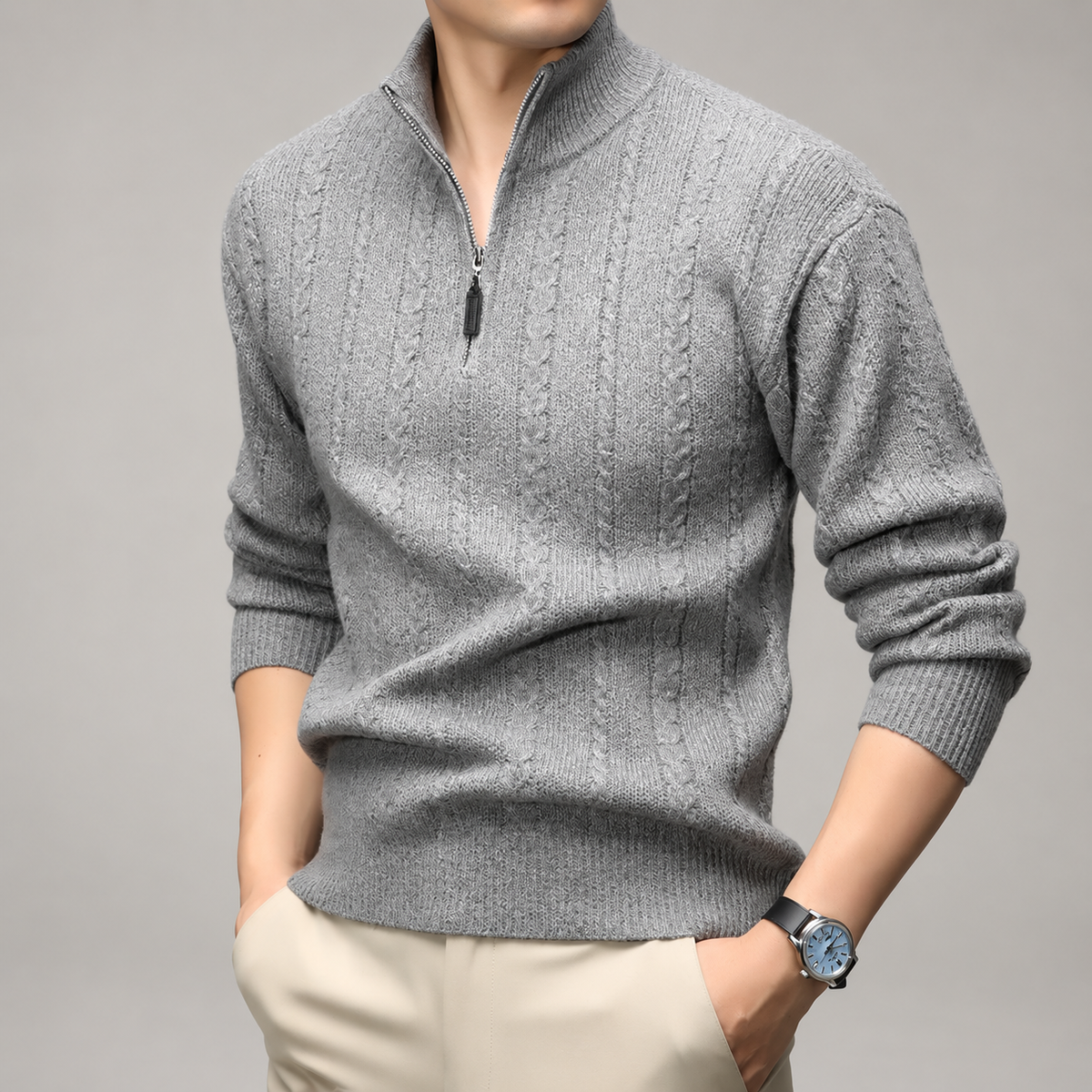 Graham Men’s Cable-Knit Quarter-Zip Mock Neck Sweater