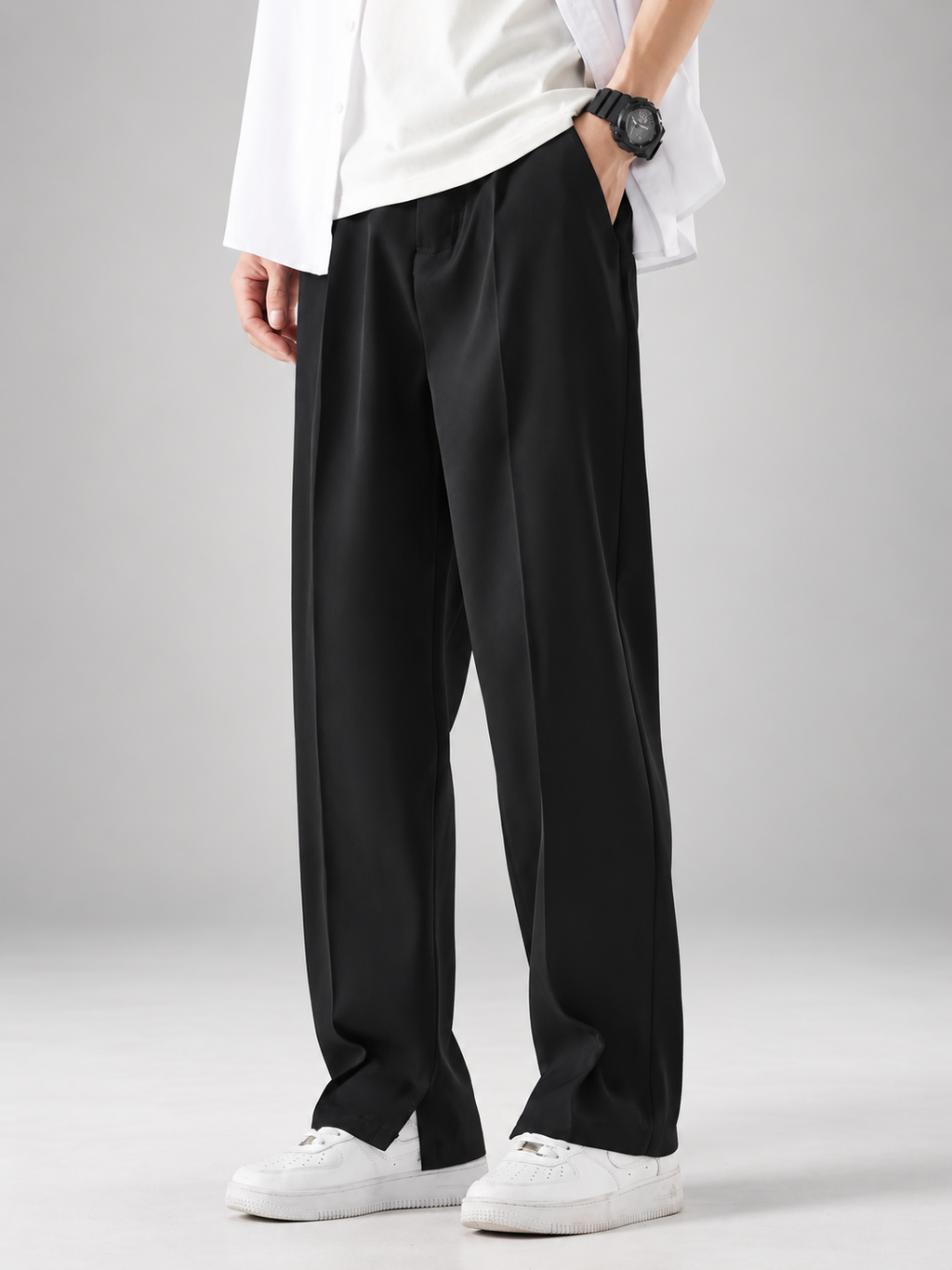 Graham Men’s Wide-Leg Pleated Pants with Split Hem